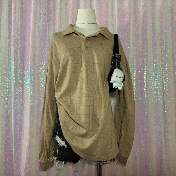 Lands' End Tops - Lands' End Beige Windowpane Grid Long Sleeve Henley Polo Shirt (XL) ★